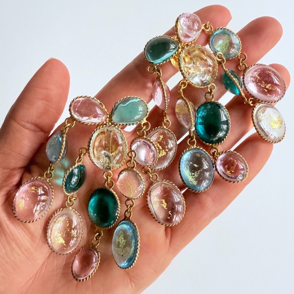 Vintage French Gripoix Poured Glass Chandelier Earrings Pink Blue Gold Leaf Foil - Picture 15 of 16